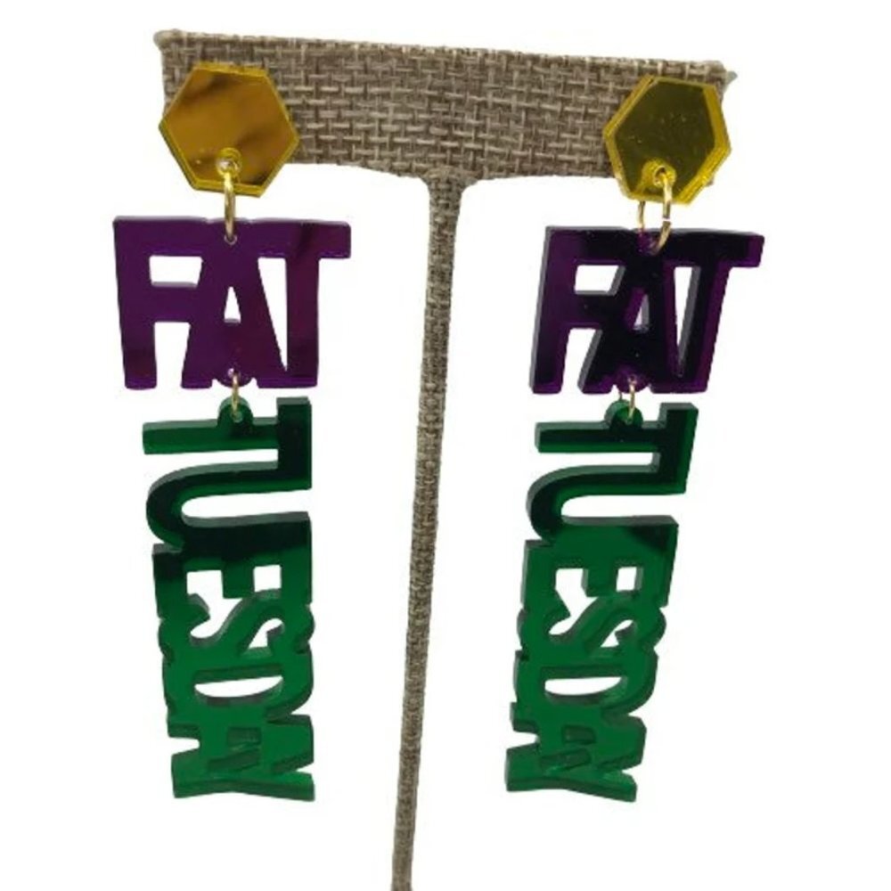Mardi Gras Dangle Fat Tuesday Earrings